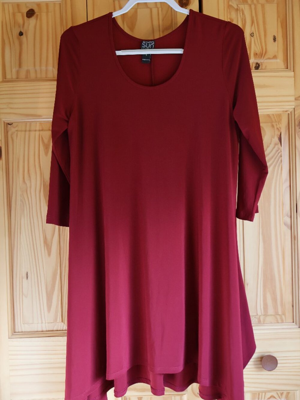 Clara Sun Woo Burgandy Swing Dress SZ L Long Sleeve Scoop Neck Asymmetrical Hem